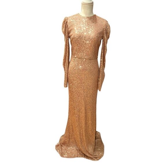 NWT Mac Duggal Copper Sequin Juliet Sleeve Trumpet Gown Size 4 $398 - Picture 2 of 9